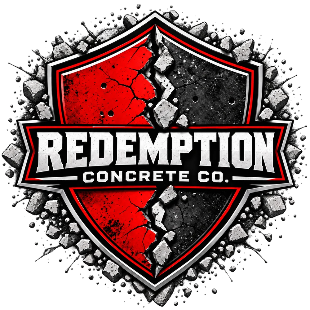 Redemption Concrete Co. cracked red-and-black shield logo