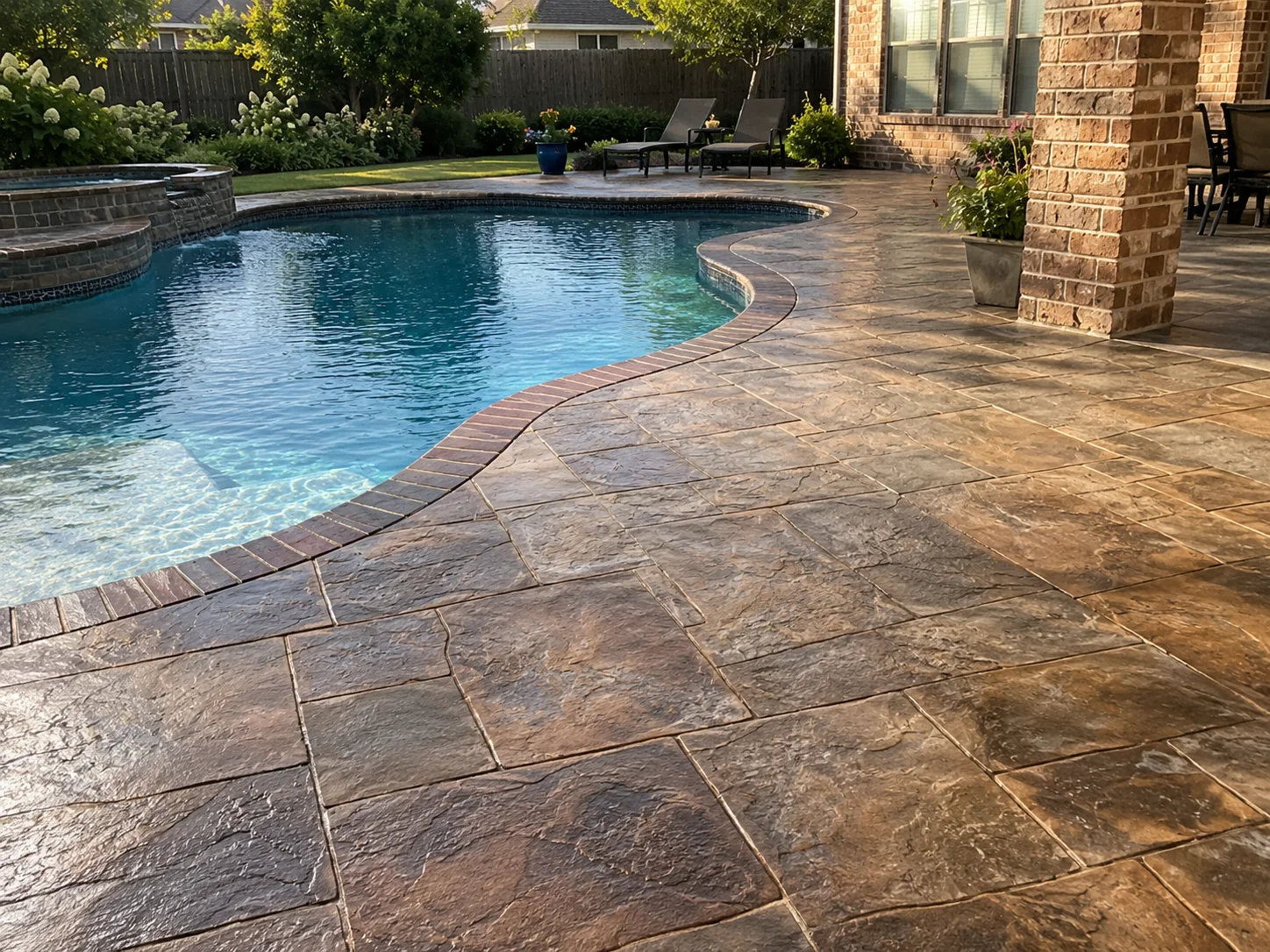 Decorative stamped concrete around a backyard pool