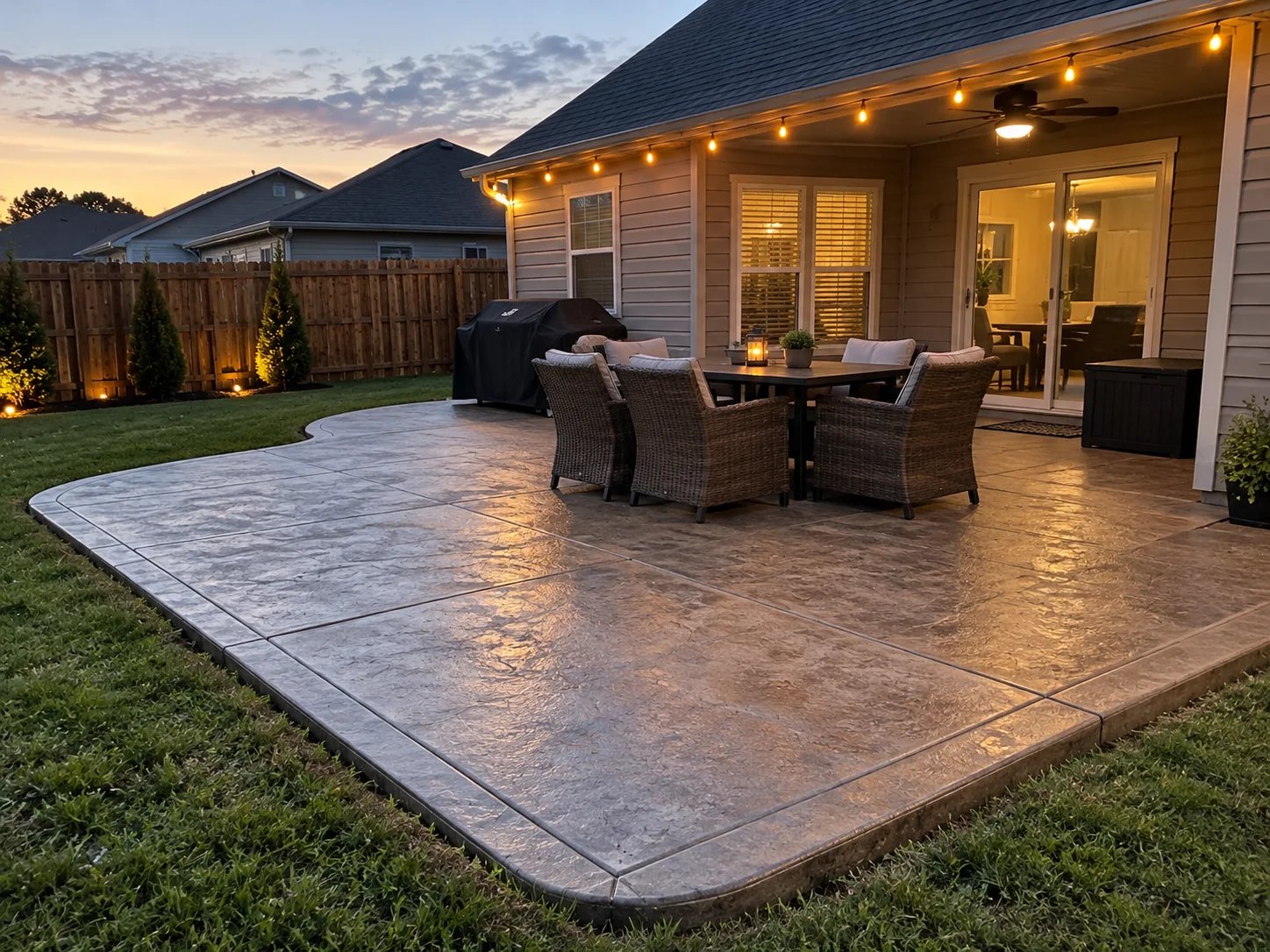 Finished backyard concrete patio with outdoor furniture at dusk