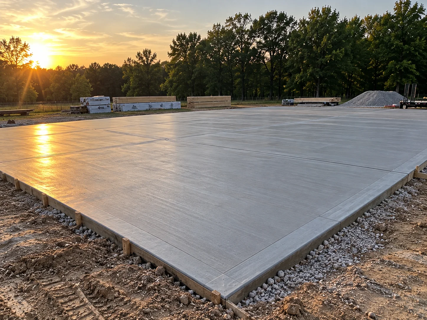 Large freshly poured concrete slab at sunset